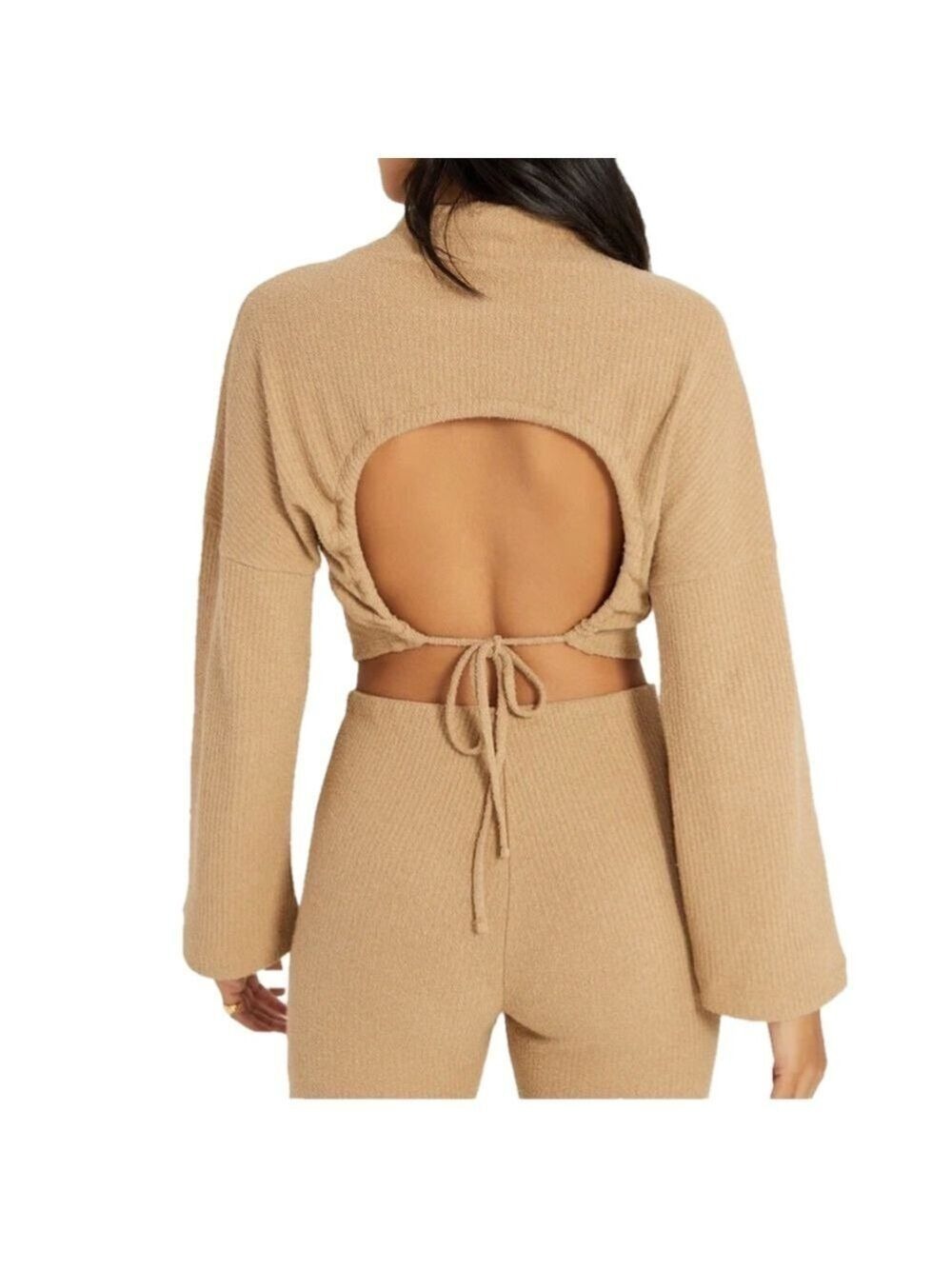 NWT REVOLVE Ribbed Textured Open Back Tie Top in CAMEL TAN by SOMETHING NAVY - Picture 5 of 8